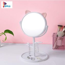 Pepplo Tabletop Cat Shape Makeup Mirror Shaving Mirror, Free Standing Table Vanity Mirror On Stand With Rotation (1Pcs, White) Round, Framed - Glass image 2