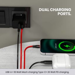 Portronics 20W Adapto 20B Dual Port (Type C PD & USB-A) Fast Charging Adaptor with Type C to Type C Cable, Smart Protection Chip, Wide Compatibility, Best for iPhone/Samsung/Oneplus (Black) image 2