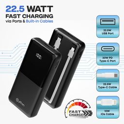 pTron Dynamo Power 20000mAh 22.5W Super Fast Charging Power Bank with Quick Charge & 20W Power Delivery, Built-in Charging Cables, 4 Outputs, Type-C Input/Output Port & LED Battery Display (Black) image 3