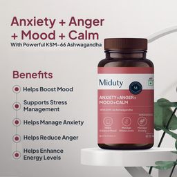 Miduty Anxiety Anger Mood Calm Supplement Helps in Happy Mood & Anti Depressant, Stress Reduce | KSM - 66 Ashwagandha Root 800mg with Holy Basil Leaf Extract 200 mg, L Theanine | Non Addictive | 60 Capsules image 2