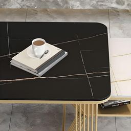 ribavary RIBAVARY® Marble Laminated Look Square Coffee Tables Set, 2 Piece Stackable Center Table with Storage Drawer and Metal Frame for Living Room or Apartments (with Storage Shelf, Gold-Black) image 3