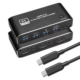 Etzin 2 Port HDMI 2.1 KVM Switch 8K@60Hz 4K@120Hz KVM Switcher with 4 USB 3.0 Hub for 2 Computers Share Keyboard Mouse Printer and one HD Monitor with 2 Pcs USB-C Cable-(EPL-551H) image 2