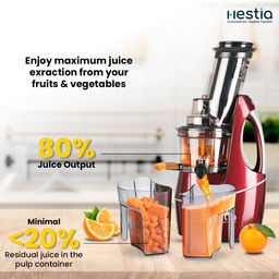 hestia appliances Hestia Nutri-Max Cold Press Slow Juicer, 240 W motor | Patented Auger technology for 3x more juice | 3 Strainers for Juices, Sorbets, Nut Milk, etc | Longest warranty, easy usage | Red Wine image 2