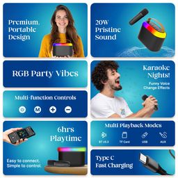 pTron Newly Launched Fusion Joy 20W Bluetooth Speaker with Wireless Karaoke Mic, 6Hrs Playtime, Vivid RGB Lights, Voice Effects, Multi-Play Modes BT5.3/TF Card/USB & Type-C Charging Port (Black) image 2