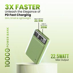 Portronics Luxcell Mini 10K Advanced 10000 mAh Nano Power Bank with 22.5W Max Output, LED Indicator, Mach USB-A Output, Type C PD Output, Type C Input, Wake Up Button(Green) image 2