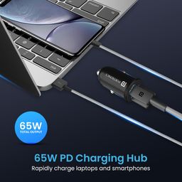 Portronics 65 Watts Car Power 65 Dual Output Fast Car Charger with 100W Type-C Cable (2m), 65W Type-C PD & 18W USB, Charging Adapter Compatible with Cars for iPhone & Android Smartphone, Laptop(Black) image 3