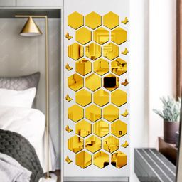 Wall1ders 30 Hexagon with 10 Butterflies Golden (Hexagon Size 12 x 10 cm) Hexagon Mirror Wall Stickers, Mirror Stickers for Wall image 1