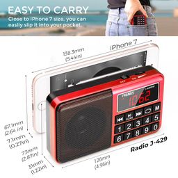 prunus J-429 Small Radio, Pocket, AM FM SW USB Charging, Large Button, Neodymium Speaker, Auto Save, USB Flash Drive, SD Card AUX Input MP3, Shortwave for Elderly and Senior(Red) image 2