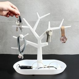 wolpin Plastic Tree Key Holders With Tray For Dressing Table Home Decor Hallway Multiple Key Hanger,Watch Holder Decorative Storage Box,White image 1