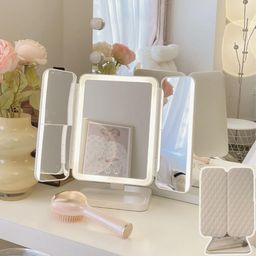 jukkre Lighted Makeup Mirror with 21 LED Lights, Trifold Vanity Mirror with 3X/2X/1X Magnification, Touch Screen, Dual Power Supply, 180 Degree Rotation Portable Mirrors for Travel (White) image 1