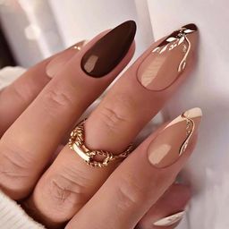 Secret Lives Reusable Artificial Almond shape Brown & Coffe color with Black Curve White Leaves & Golden Glitter Women's Designer Press on Nails with Kit image 1