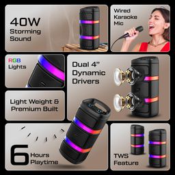 pTron Fusion Quad V2 40W Bluetooth Karaoke Party Speaker–Ignite Your Party with Vivid RGB Lights, 3m Mic, Mic Volume Control, 5 Equalizer Settings, BT/USB/SD Playback & Type-C Charging! (Satin Black) image 2