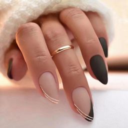 Secret Lives Matte Reusable Artificial Fake False Press on Nails 24 PCS Set Nude Skin Color with Golden Glitter & Black Color with Kit image 1