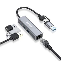Verilux® USB HUB 3.0 for PC, 4-in-1 Type C HUB with 1 USB 3.0, 2 USB 2.0 & 1000Mbps Ethernet Port, Type C/USB Ethernet Adapter for Laptop LAN Connetor Support Windows, Chromebook, Mac, Linux image 1