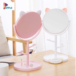 Pepplo Tabletop Cat Shape Makeup Mirror Shaving Mirror, Free Standing Table Vanity Mirror On Stand With Rotation (1Pcs, White) Round, Framed - Glass image 5