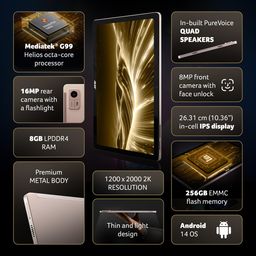 Acer Iconia Tab iM10-22 | 10.36" 2K IPS Display, Quad Speakers, 8GB RAM + 256GB Storage, 16MP Rear + 8MP Front Camera, Fingerprint Reader, Wi-Fi + 4G LTE(Calling), Android 14, Slim Metal Body, Gold image 2