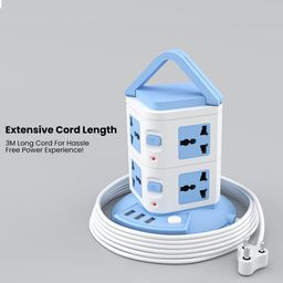 Portronics Power Plate 9 with 3 USB Ports + 8 Power Sockets Power Converter, 2500W Power Output, 2.1A USB Charging Port, 3M Cord Length(Blue) image 5