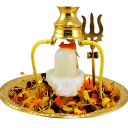 HaridwarDivine Shiv Marble White Shivling Shiva Ling/Shivling with Brass Plate, Kalash with Stand & Trishul Brass for Home Puja, Temple, Jalabhishekam image 2