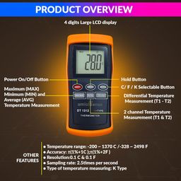 amiciSense High Precision 2 Channel K-Type Thermocouple Thermometer -200°C to 1370°C Handheld C/F/K Temperature Meter with 4xAAA Battery image 3