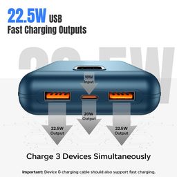 pTron Dynamo Ultra 20000mAh Power Bank, 22.5W Superfast Charging, Compact Size, Type-C/PD 20W Fast Charging, Supports VOOC/Wrap/Dash/Quick Charge Protocols, 3 Output Ports, USB Type-C Input (Blue) image 3