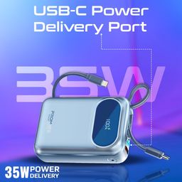 Promate 20000mAh Power Bank | Ultra-Compact Powerbank with Built-in Cable (35W Type-C and 27W Lightning Cables), 35W Type-C PD, 22.5W QC 3.0 Port and LED for iPhone and Android, PowerPods-20, Blue image 4