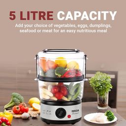 Inalsa 5L Gourmet Multi-Function 500W-Food Steamer & Egg Boiler with LED Indicator,BPA-Free 2 Tier Stackable Baskets,Stainless Steel Base,Fits 14 Eggs in One Go (Black/Silver) image 2