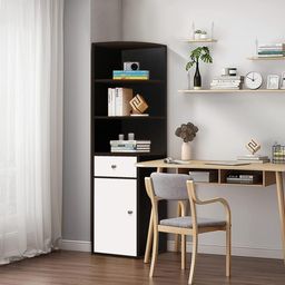 Kawachi Engineered Wood Book Shelf and Display Unit Cabinet Corner Bookshelf with 3 Open Shelves, White Drawer Storage Unit, Dark Wenge image 4