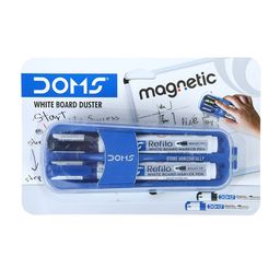 DOMS Fine Magnetic Whiteboard Duster Marker Set | Easy to Wipe | Refillable White Board Marker with Good Grip | Set of 2 Markers & 1 Duster | Blue & Black Ink, Pack of 1 image 2