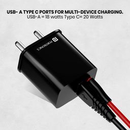 Portronics 20W Adapto 20B Dual Port (Type C PD & USB-A) Fast Charging Adaptor with Type C to Type C Cable, Smart Protection Chip, Wide Compatibility, Best for iPhone/Samsung/Oneplus (Black) image 3