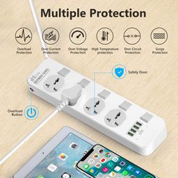 Hoteon 2500W Extension Board With Usb Slots, Individual Switch & Safety Shutter, 4 Usb Ports(3.4A) 4 Way Outlets Power Strips With Universal Sockets And 2M Extension Cord (3-Pin, White), 250 Volts image 3