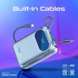 Promate 20000mAh Power Bank | Ultra-Compact Powerbank with Built-in Cable (35W Type-C and 27W Lightning Cables), 35W Type-C PD, 22.5W QC 3.0 Port and LED for iPhone and Android, PowerPods-20, Blue image 2