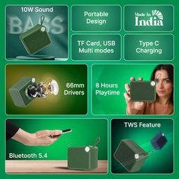 pTron Funk Rap 10W Mini Bluetooth Speaker with Pristine Sound, 8 Hours Playtime, Multi-Playback Modes-BT5.4/TF Card/USB, Front Metal Grill, Type-C Fast Charging, Multi-function Control Buttons (Green) image 2