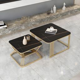 ribavary RIBAVARY® Marble Laminated Look Square Coffee Tables Set, 2 Piece Stackable Center Table with Storage Drawer and Metal Frame for Living Room or Apartments (with Storage Shelf, Gold-Black) image 2