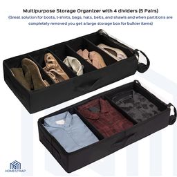 Homestrap Rectangular Polyester Large Underbed Storage Bag/Bin Organizer 5 Pairs Customizable Slots| Clothes Blanket/Comforter storage container with Handles (Black) image 4