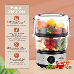 Inalsa 5L Gourmet Multi-Function 500W-Food Steamer & Egg Boiler with LED Indicator,BPA-Free 2 Tier Stackable Baskets,Stainless Steel Base,Fits 14 Eggs in One Go (Black/Silver) image 3