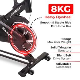 SPARNOD FITNESS SSB-08 Spin Bike Exercise Cycle for Home Gym with 8kg Flywheel, LED Display, Pulse Sensor, Adjustable Resistance, Silent Belt Drive, 4-way Adjustable Cushioned Seat and 2-way Handlebar (SSB-08 (8kg Flywheel)) image 3