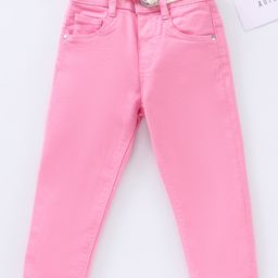 Babyhug Full Length Washed Solid Colour Jeans With BeltWith Mock Fly- Pink-image-56