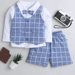 BUMZEE Full Sleeves FGraph Checkered Coordinating Shirt Waistcoat & Shorts Set - Sky Blue & White-picture-9
