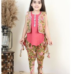 Kinder Kids Sleeveless Cotton Solid Colour Lace Detailing Kurti with Floral Print Jacket & Dhoti - Green &  Peach-image-95