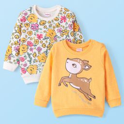 Babyhug 100% Cotton Knit Full Sleeves Sweatshirt With Floral & Deer Graphics Pack Of 2 - Yellow & White-image-56