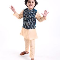Babyhug Full Sleeves Solid Colour Kurta Payjama Set with Sequenced Embroidered Jacket -Beige-image-14