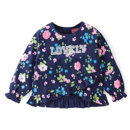 Babyhug 100% Cotton Knit Full Sleeves T-Shirt  Floral Print & Glitter Detailing - Navy Blue-image-1