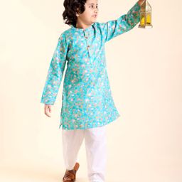Babyhug Cotton Woven Full Sleeves Kurta Pyjama Set Printed - Blue & White-picture-20