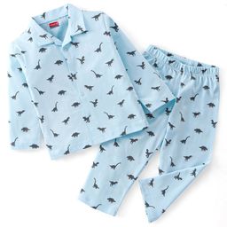 Babyhug Single Jersey Knit Full Sleeves Night Suit With Dino Print - Blue-12