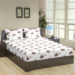 Trance Home Linen Cotton Queen Size Printed Kids Bedsheet with 2 Pillow Covers- Car Orange-image-6