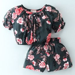 CrayonFlakes Half Sleeves Floral Printed Coordinating Top & Short Set - Green-image-17