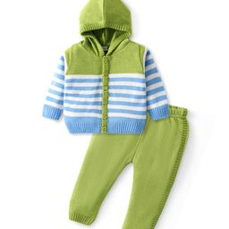 Babyhug Knitted Full Sleeves Striped Hooded Front Open Sweater Set - Sky Blue & Lime-picture-26