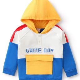 Babyhug Cotton Knit Full Sleeves Cut & Sew Hooded Sweatshirt With Front Pocket & Puff Text Print - Multicolor-picture-11
