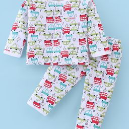 ToffyHouse Cotton Knit Full Sleeves Front Open Night Suit With Vehicles Print - White-image-35