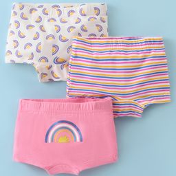 Bodycare Cotton Knit Mid Thigh Length Striped & Rainbow Printed Panties Pack of 3 - Pink & White-image-88